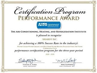 Сертификат AHRI на водоохлаждаемые чиллеры SMARDT