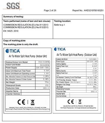Сертификат SGS на бытовой тепловой насос TSCA/I120FHL