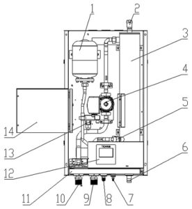 Схема настенного внутреннего блока инверторного теплового насоса типа «воздух-вода», выпускаемого компанией TICA