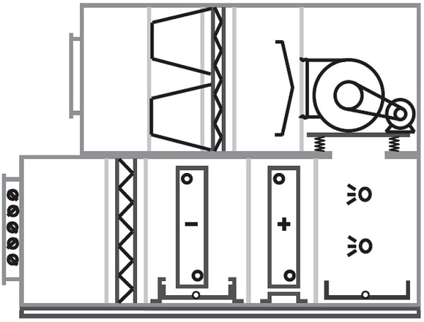 Схема стандартной вентиляционной установки вертикального типа серии TAC (с секциями водяных охладителя и нагревателя, увлажнителя, двухступенчатой фильтрацией воздуха, диффузором, центробежным вентилятором с ременным приводом)